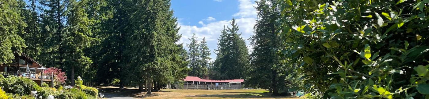 Meadow leading up to a building.